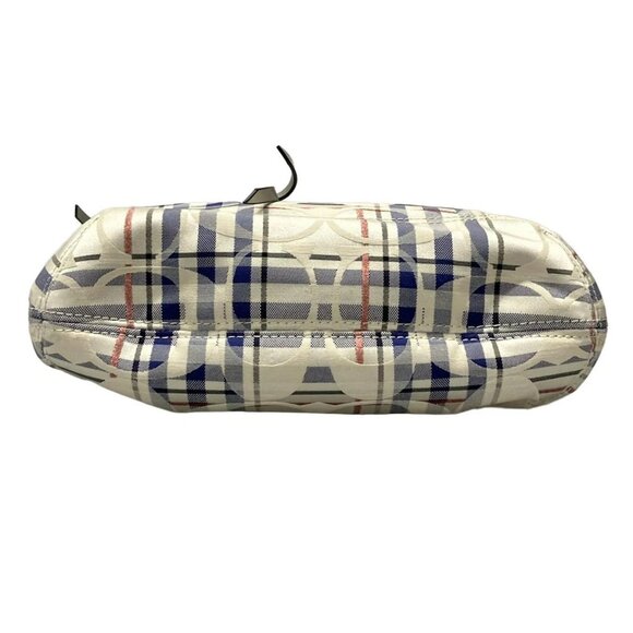 Auth COACH Poppy Tartan Foldover Signature 21139 White Blue Red Jacquard Leather - Picture 4 of 13